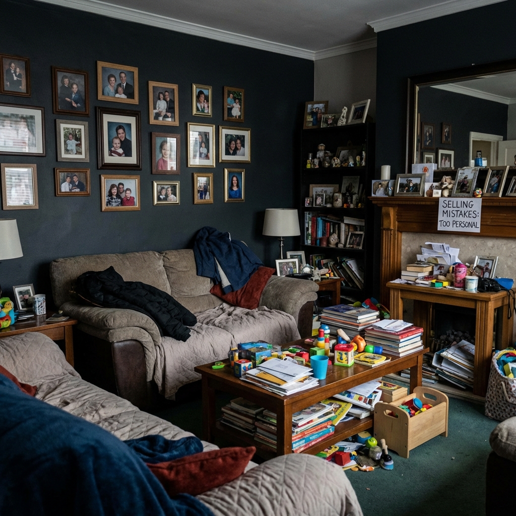 Salón desordenado con fotos personales - ejemplo de error al vender