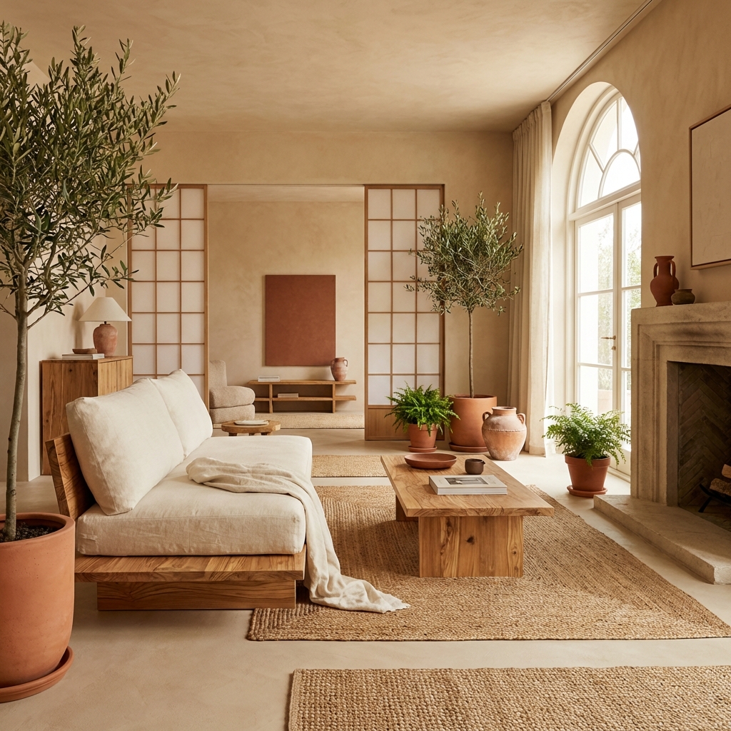 Salón con estilo Japandi Mediterráneo